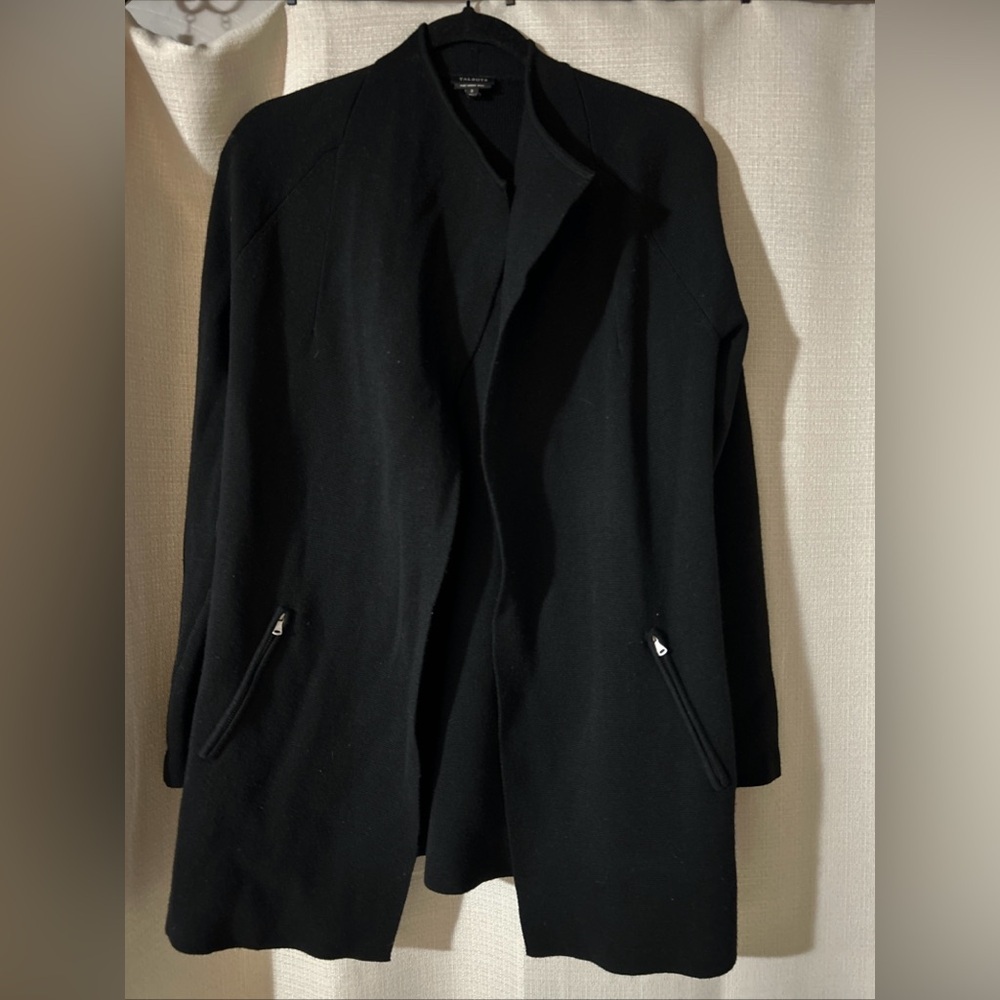Talbots 100% Merino Wool Cardigan Jacket Size S Open Front Zipper Pockets Black